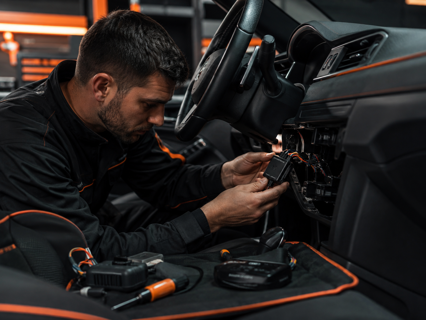 Técnico instalando un sistema de seguridad vehicular con GPS e inmovilizador